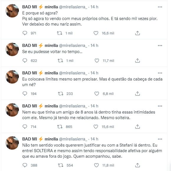 Mirella explica motivo de só se pronunciar agora sobre as carícias de Dynho e Sthe, que acontecem desde outubro