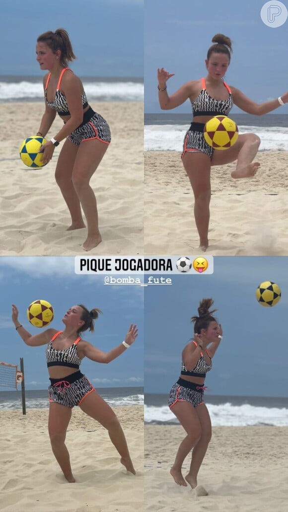 Larissa Manoela é fã de futevôlei e treinou com look estiloso em praia do Rio