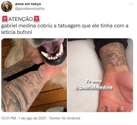 Gabriel Medina apagou a tatuagem em homenagem à Letícia Bufoni após skatista zoar o relacionamento do surfista com Brunet