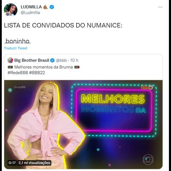 BBB 22: Ludmilla brincou após produção zoar Brunna Gonçalves