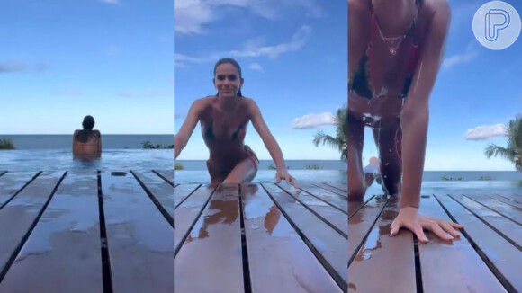 Bruna Marquezine impressiona com corpo seco ao se filmar saindo da piscina em meio ao sol na Bahia
