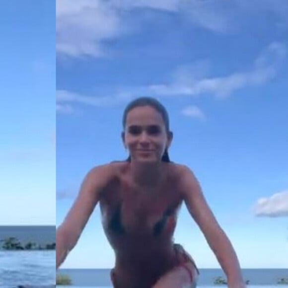 Bruna Marquezine impressiona com corpo seco ao se filmar saindo da piscina em meio ao sol na Bahia