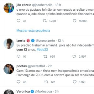 Internautas viralizaram fala de Jade Picon no 'BBB 22' sobre ser independente aos 13 anos