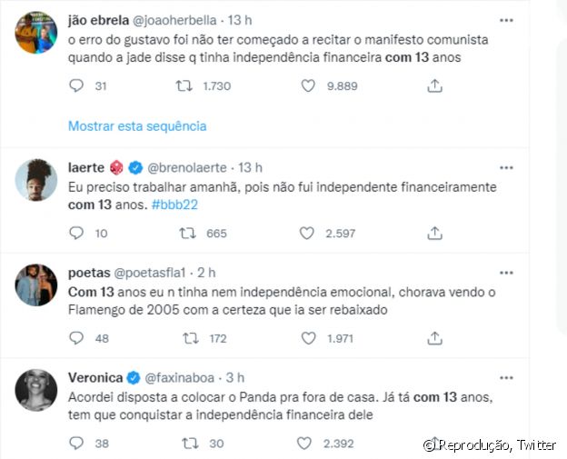 Internautas viralizaram fala de Jade Picon no 'BBB 22' sobre ser independente aos 13 anos