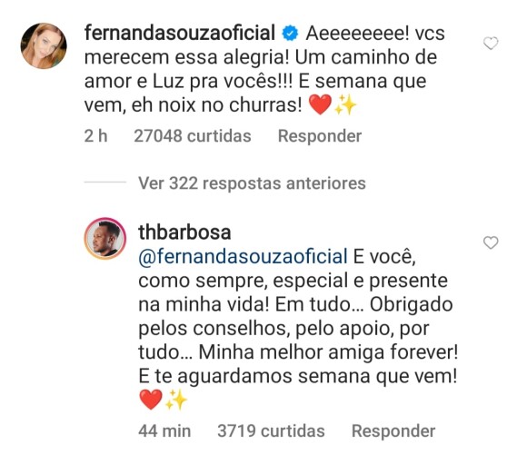 Fernanda Souza comentou na foto de Thiaguinho com Carol Peixinho