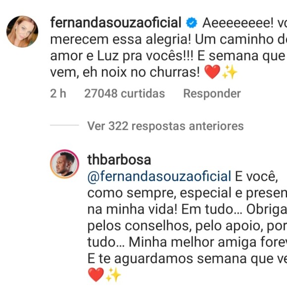 Fernanda Souza comentou na foto de Thiaguinho com Carol Peixinho