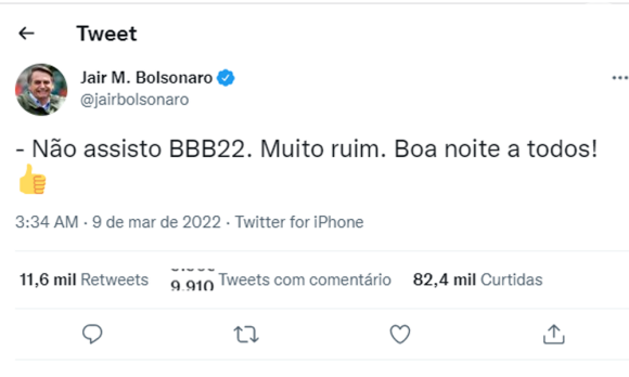 Jair Bolsonaro sobre o 'BBB 22': 'Não assisto. Muito ruim'