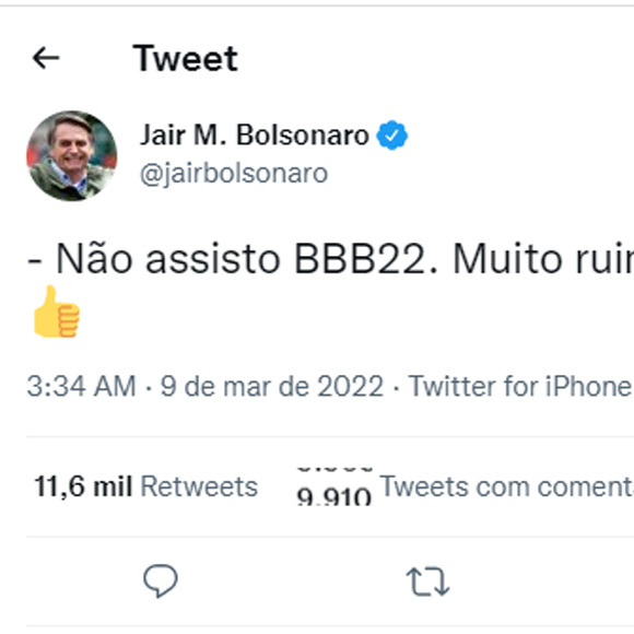 Jair Bolsonaro sobre o 'BBB 22': 'Não assisto. Muito ruim'