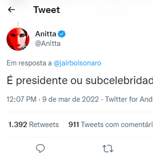 Anitta reagiu de forma irônica às declarações de Jair Bolsonaro sobre o 'BBB 22': 'Presidente ou subcelebridade?'