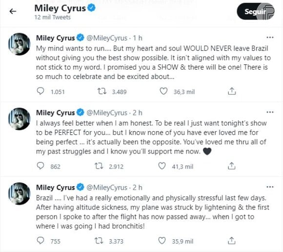 Miley Cyrus explicou que passou por momentos de muito estresse nos últimos dias