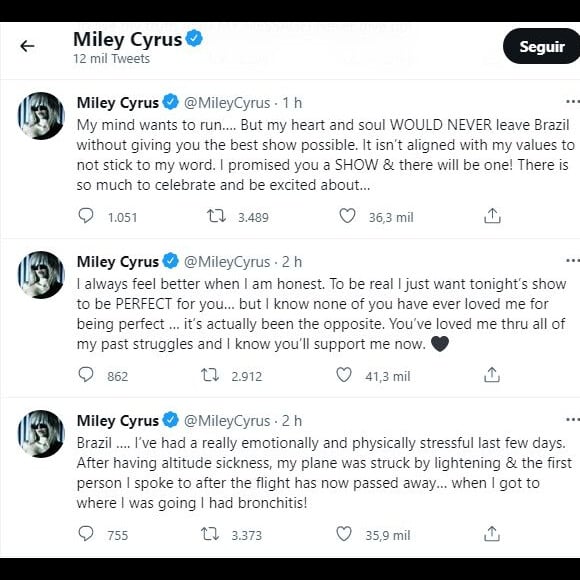 Miley Cyrus explicou que passou por momentos de muito estresse nos últimos dias