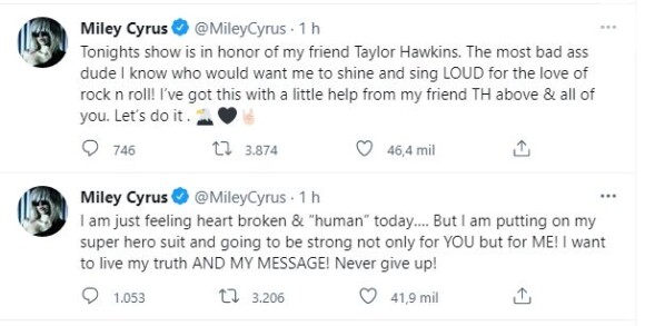 Miley Cyrus dedicou seu show a Taylor Hawkins, baterista do Foo Fighters, morto aos 50 anos