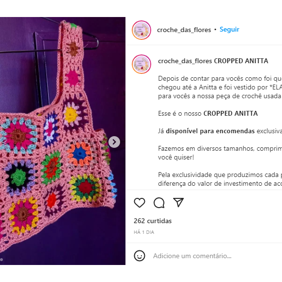 Anitta usou cropped de marca artesanal, e artesãs responsáveis pela peça rebatizaram roupa com o nome da cantora