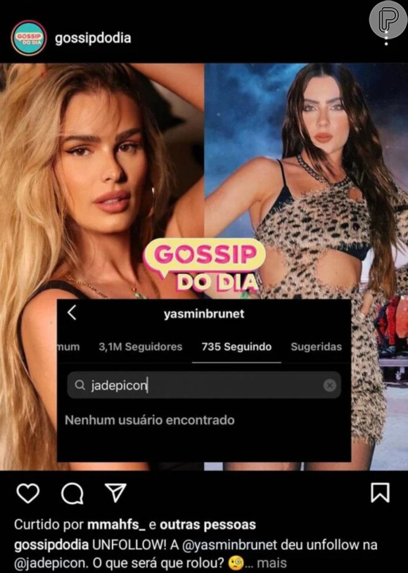 Yasmin Brunet deu unfollow em Jade Picon e apagou seus comentários das fotos