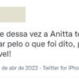   Declaração de Anitta foi duramente criticada nas redes sociais  