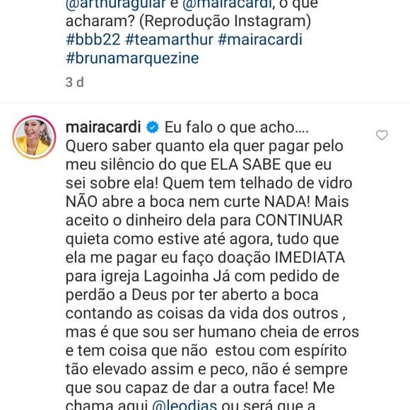 Maira Cardi ameaça Bruna Marquezine após curtida polêmica