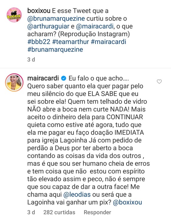 Maira Cardi ameaçou Bruna Marquezine ao responder uma postagem do instagram 'Boxixou'
