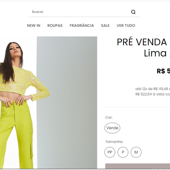 Calça de Andressa Suita custa R$ 593,80 e pode ser comprada em 12x sem juros no site da marca 