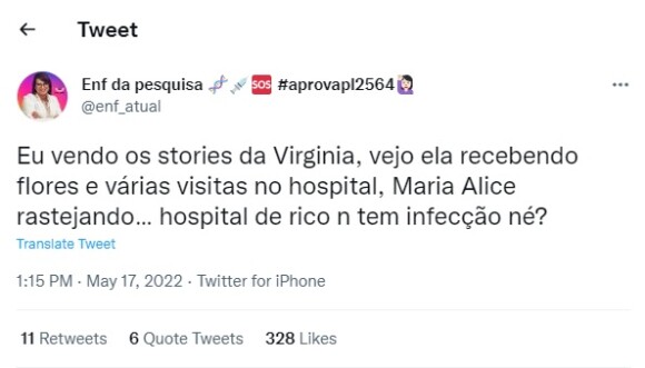 Web questionou se não seria perigoso para a saúde de Maria Alice engatinhar no hospital