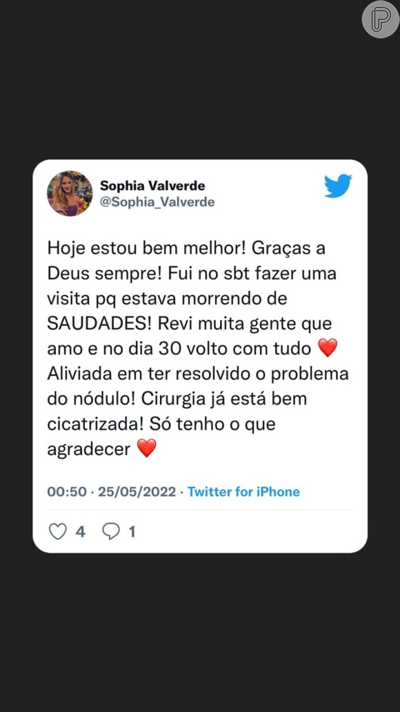 Sophia Valverde usou suas redes sociais para comentar estado de saúde uma semana após cirurgia para retirar nódulo de 6 centímetros no seio