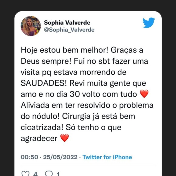 Sophia Valverde usou suas redes sociais para comentar estado de saúde uma semana após cirurgia para retirar nódulo de 6 centímetros no seio