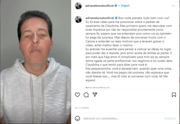 Adriane Bonato respondeu ao pedido de Claudia Rodrigues também pelas rede sociais
