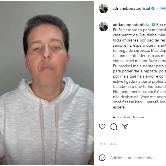 Adriane Bonato respondeu ao pedido de Claudia Rodrigues também pelas rede sociais