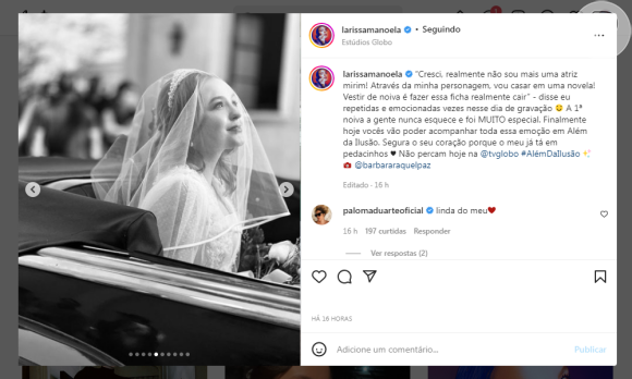 De noiva, Larissa Manoela foi enaltecida por fãs: 'Orgulho de ver a sua evolução na dramaturgia e sem dúvidas que é a noiva mais linda'