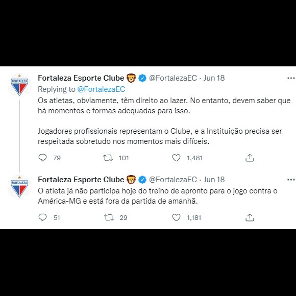 Nas redes sociais, o Fortaleza comunicou a decisão de afastar Lucas Crispim