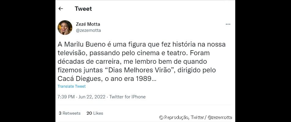 Famosos como Zezé Motta usaram as redes sociais para homenagear a atriz