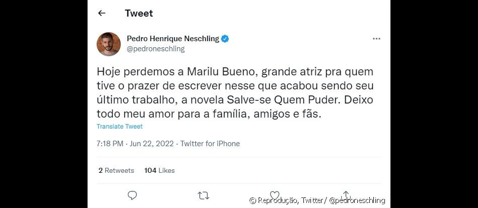 Pedro Neschling, que escreveu o último trabalho de Marilu na TV, também prestou sua homenagem à atriz