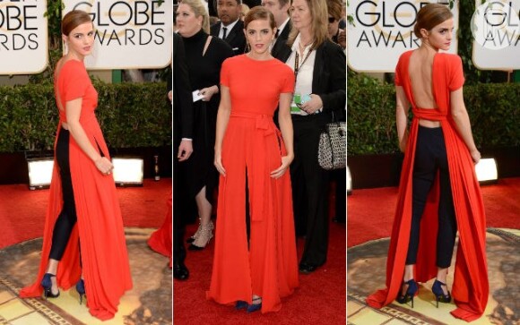 Emma Watson, no Globo de Ouro 2014, investiu em uma combinação ousada, com vestido recortado mais calça preta. A escolha inusitada da atriz dividiu opiniões entre fãs e fashionistas nas redes sociais. E então, ficou elegante?