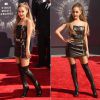 Ariana Grande optou por vestido e botas de couro. Além de não fazer o estilo mulherão, deixou o look da cantora mais pesado