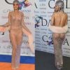 Para receber o título de ícone da moda, Rihanna causou com um vestido de brilhantes e transparente, deixando a lingerie e os seios à mostra. A cantora circulou pelo evento completamente à vontade