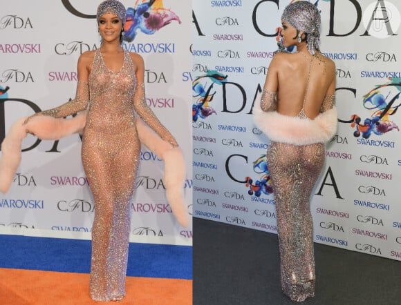 Para receber o título de ícone da moda, Rihanna causou com um vestido de brilhantes e transparente, deixando a lingerie e os seios à mostra. A cantora circulou pelo evento completamente à vontade