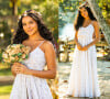 Cabelo cacheado com flores + vestido de noiva simples: o look de Muda para casamento em 'Pantanal'