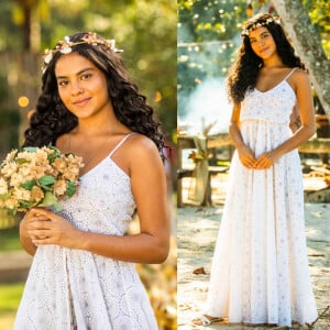 Cabelo cacheado com flores + vestido de noiva simples: o look de Muda para casamento em 'Pantanal'