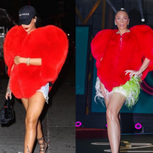 Casaco vermelho de coração já havia sido usado por Rihanna: a peça é da YSL