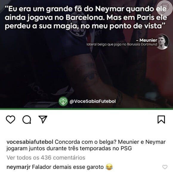 Neymar respondeu a crítica de Meunier em um comentário nas redes sociais