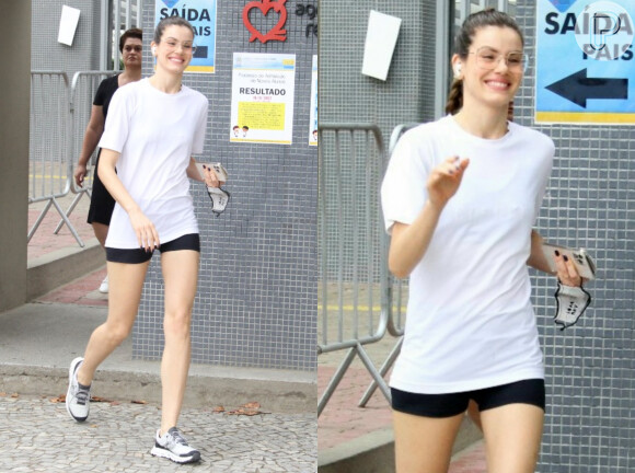 Camiseta branca é ideal em um look esportivo para quem vai praticar exercícios, como foi o caso de Camila Queiroz
