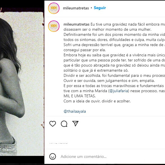 No perfil 'MIl e uma tretas', Thaila Ayala contou que sofreu depressão durante a gestação