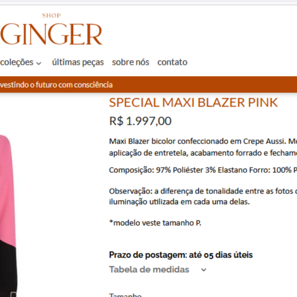 Blazer de Marina Ruy Barbosa pode ser adquirido por R$ 1.997,00 no site oficial da Ginger
