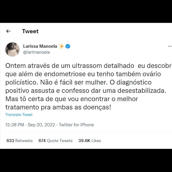 Desabafo foi feito por Larissa Manoela em seu Twitter