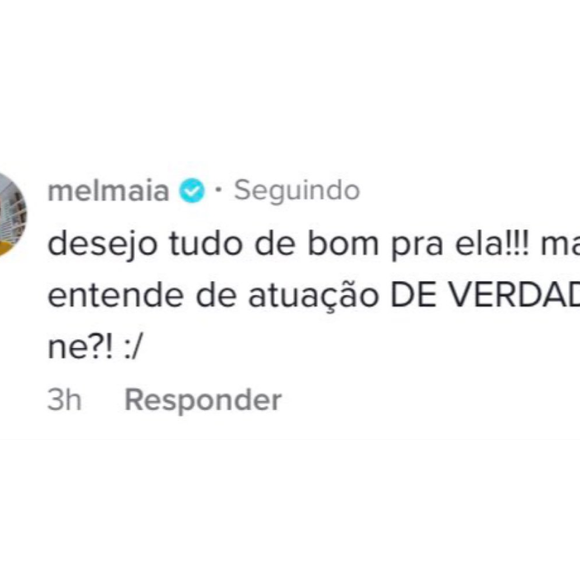 Mel Maia sobre Jade Picon: 'Desejo tudo de bom pra ela! Mas só quem entende de atuação de verdade vê que... Né?', escreveu a jovem