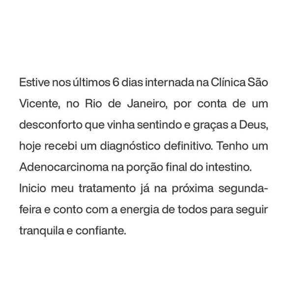 Preta Gil descobriu recentemente um câncer no intestino