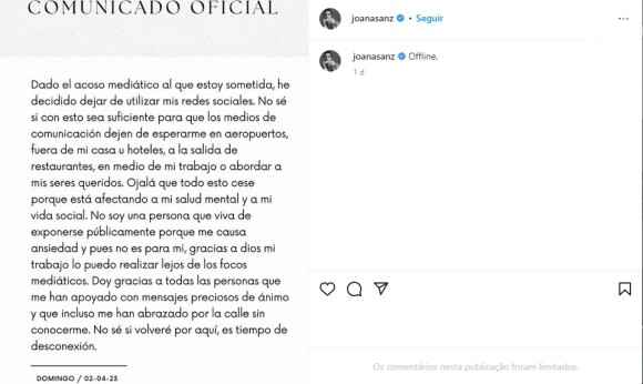 Devido aos ataques, Joana Sanz decidiu se afastar das redes sociais