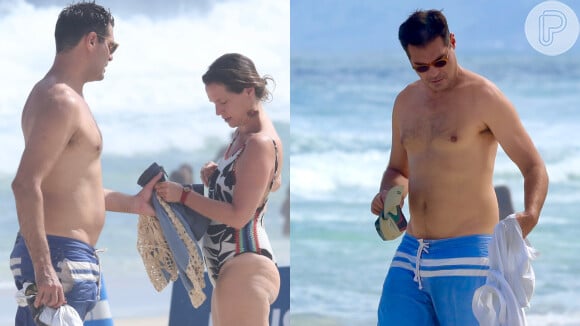 Thiago Lacerda foi visto sem camisa na praia com a mulher, Vanessa Lóes