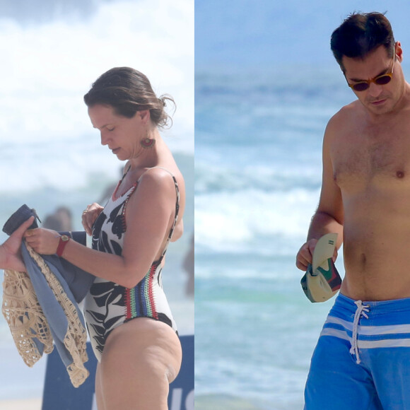 Thiago Lacerda foi visto sem camisa na praia com a mulher, Vanessa Lóes