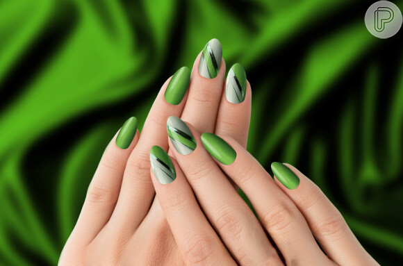 Verde nas unhas decoradas com listras: esse modelo combina diferentes tons da cor