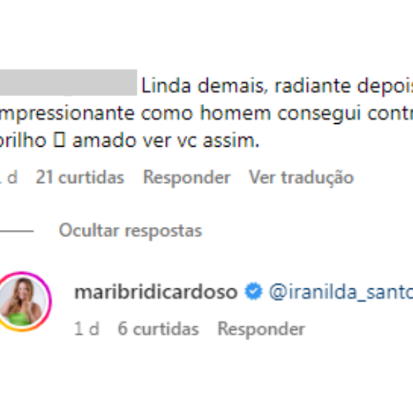 Mari Bridi curtiu o comentário e fez questão de responder à seguidora com vários emojis de coração